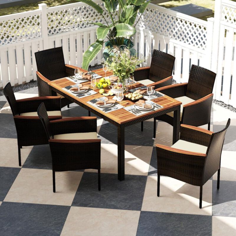 Hivvago 7 Pieces Rattan Patio Dining Set with Stackable Chairs and Umbrella Hole