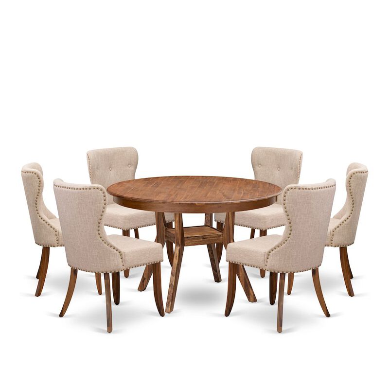 7-Pc Modern Dining Set A Pedestal Kitchen Table, 6 Light Tan Linen Fabric Chairs