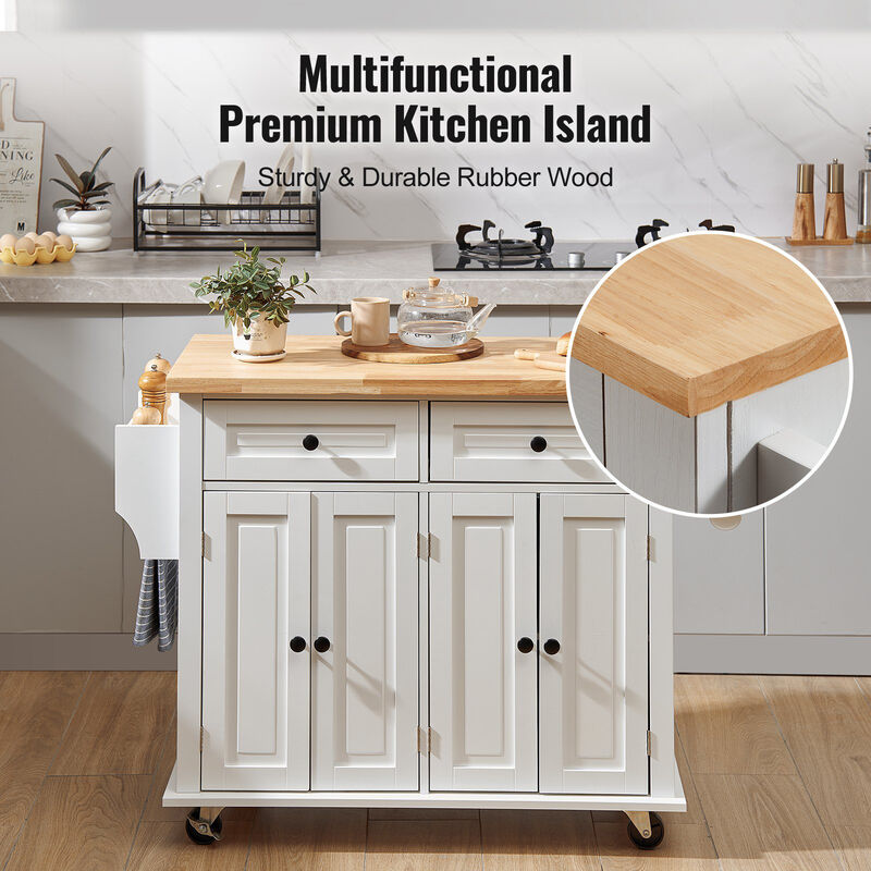 Rolling Kitchen Island Cart with Wood Top, Drawer, Cabinet, Spice & Towel Rack