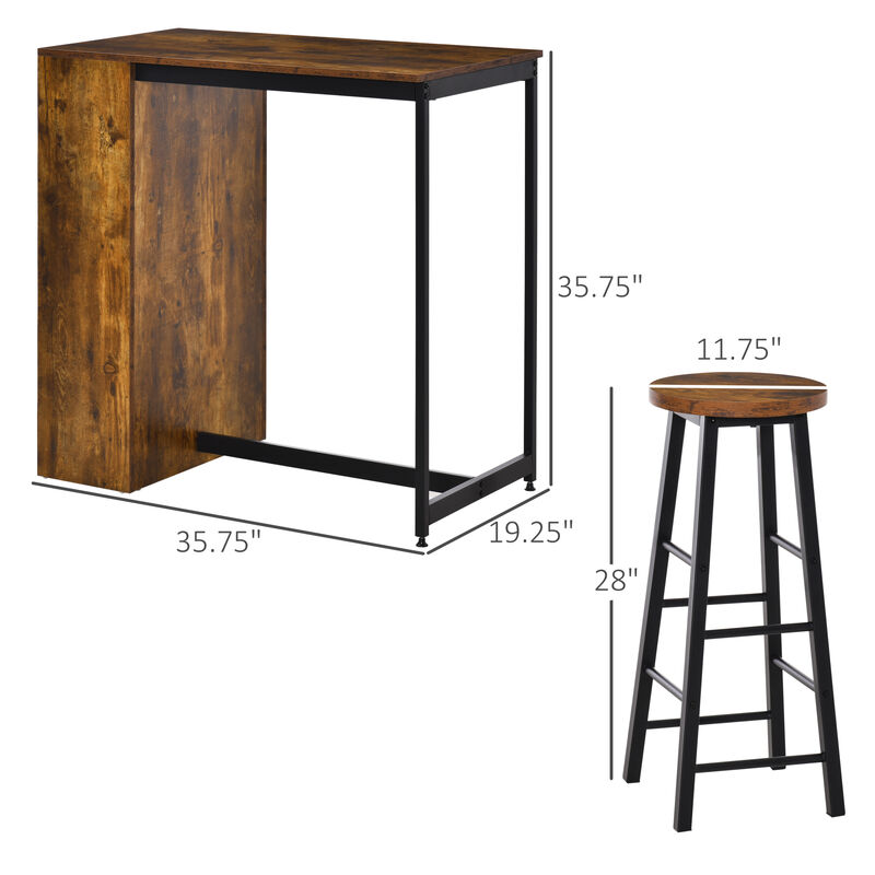 HOMCOM 3 Piece Industrial Pub Table and Chairs, Counter Height Bar Table and Stools Set with Storage Shelf, Rustic Brown
