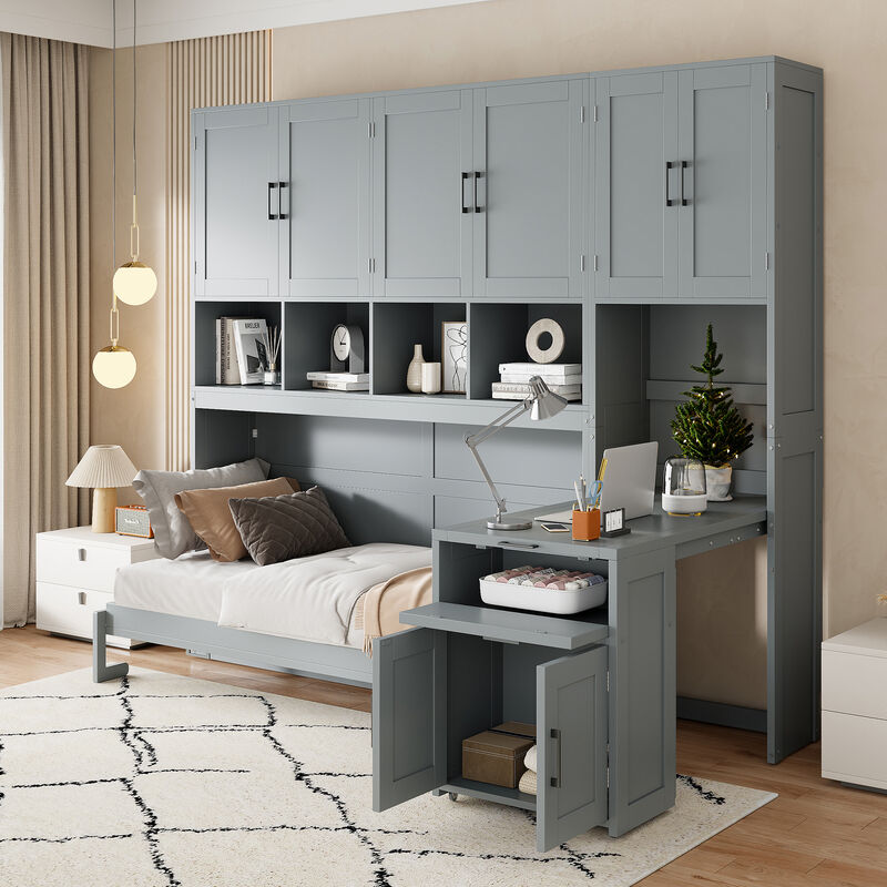 Whisen Modern Design Twin Size Murphy Bed Wall Bed, Folded into a Cabinet with Closet, Drawers and Desk