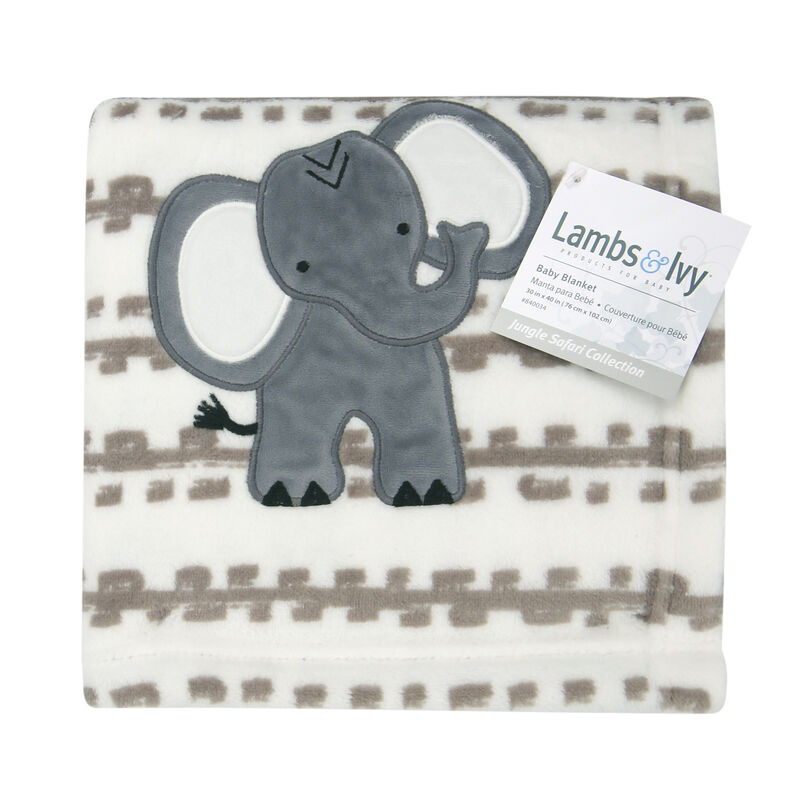 Lambs & Ivy Jungle Safari White/Tan Plush Minky Elephant Nursery Baby Blanket