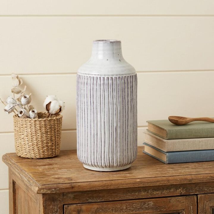 HomeRoots 12" Gray And Brown Ribbed Terracotta Cylinder Table Vase