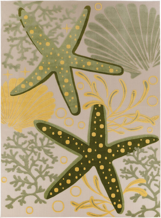 HomeRoots 10' X 14' Ivory Green Yellow Blue And Dark Green Starfish Indoor Outdoor Area Rug
