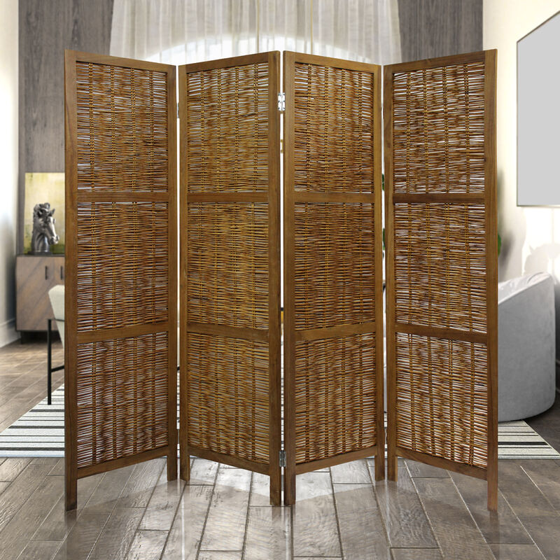 68 Inch Cottage Style 4 Panel Screen Room Divider, Willow Weaving, Brown - Benzara