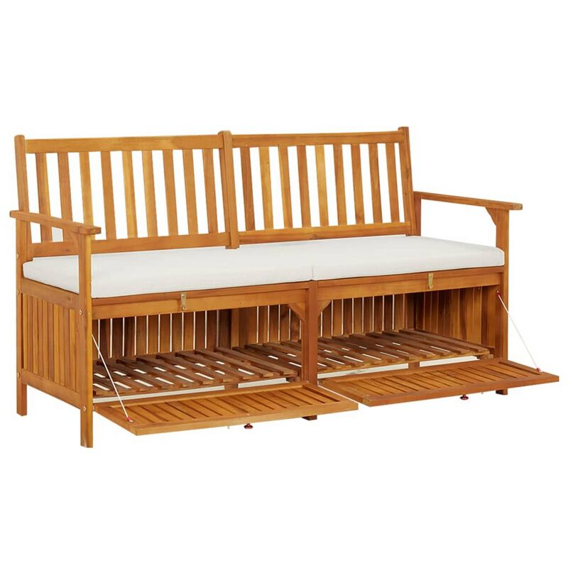 Outdoor Storage Bench, 58 Inch Brown Acacia Wood, Cream White Cushion - Benzara