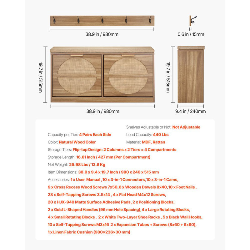 Entryway Shoe Bench with Cushion, Flip Drawers and Rattan Storage Doors image number 2