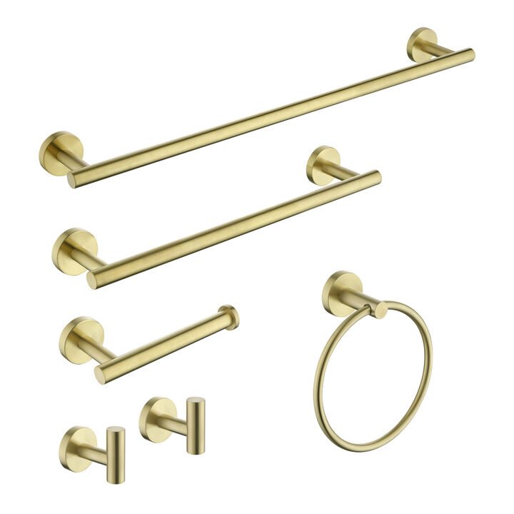6-Pieces Brushed Gold Bathroom Hardware Set Sus304 Stainless Steel Round Wall Mounted Include