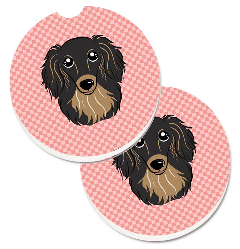 Caroline's Treasures Checkerboard Pink Longhair black & Tan Dachshund Set of 2 Cup Holder Car Coasters BB1213CARC, 2.56, Multicolor