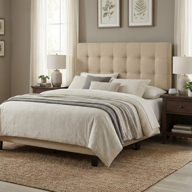 Upholstered Queen Headboard in Neutral Fabric, Padded Design, Stylish Support image number 3