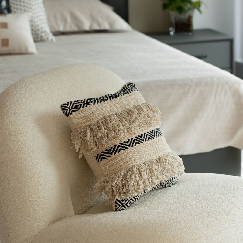 16" Handwoven Cotton Throw Pillow Cover with Boho Design and Fringed Lines with Filler, Natural