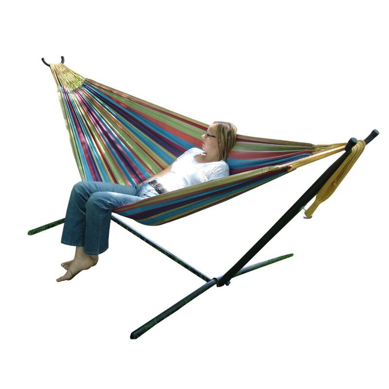 Hivvago Tropical Fabric Double Hammock with 9-Foot Steel Stand