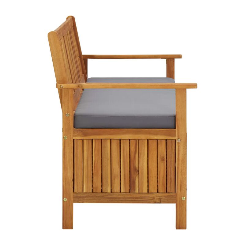 Outdoor Storage Bench, Brown Solid Acacia Wood, Gray Fabric, 47 Inch - Benzara