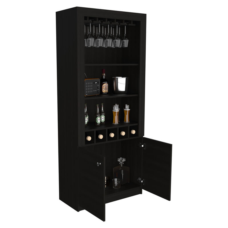 DEPOT E-SHOP Dakota Bar Double Door Cabinet, Five Built-in Wine Rack, Three Shelves, Black