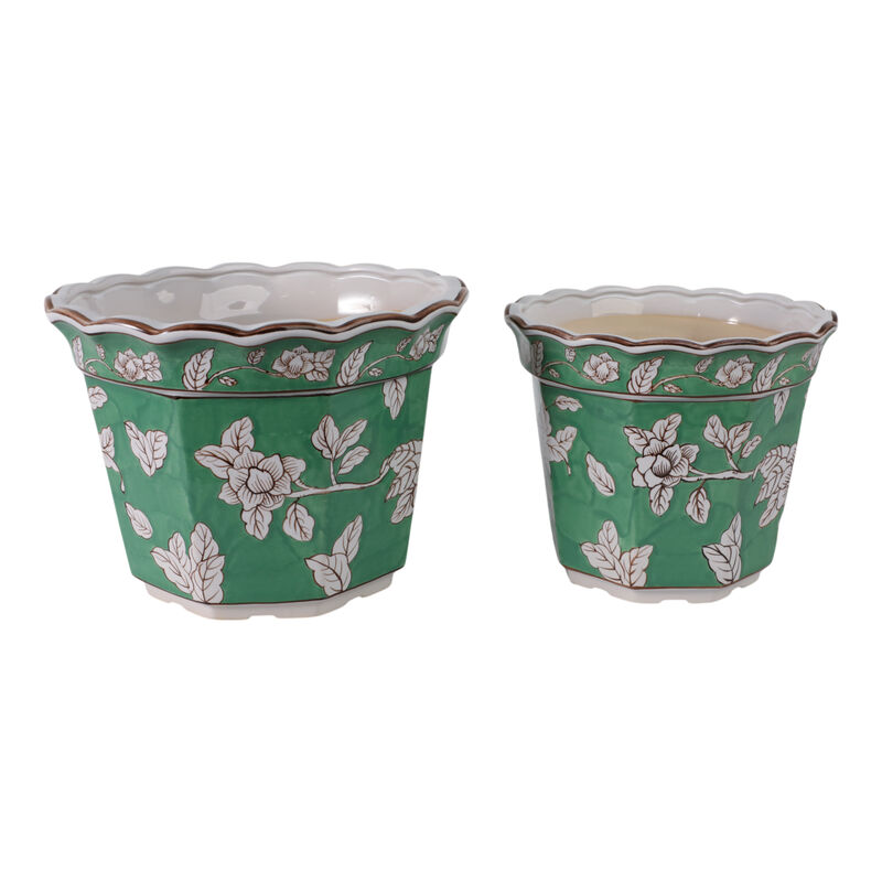 S/2 10/12  Flower Chinoiserie Planters,green image number 1
