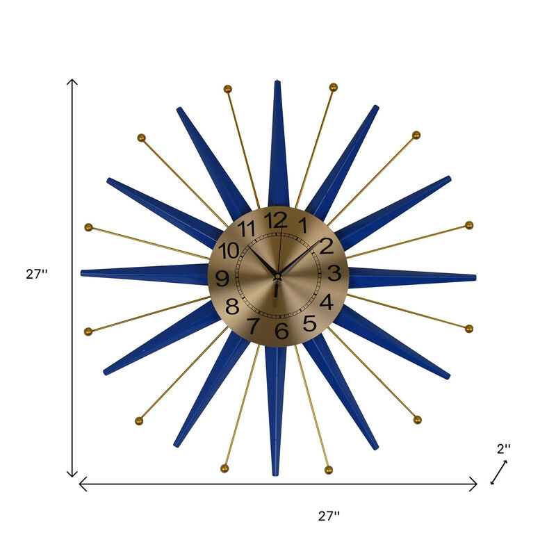 HomeRoots 27" Blue And Gold Metal Silent Analog Starburst Wall Clock image number 5