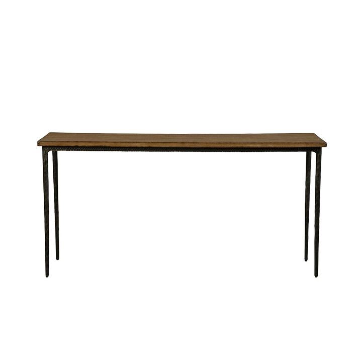 Lemy Sofa Console Table, 62 Inch Rectangular Brown Top, Black Frame