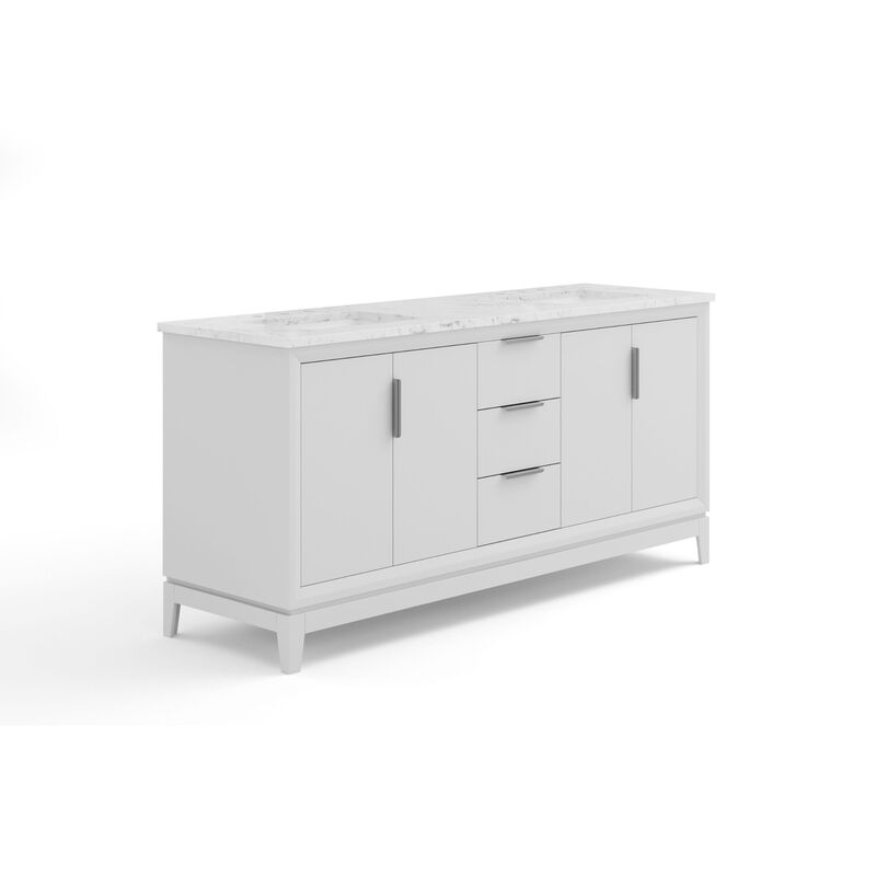Elizabeth 72 In. Double Sink Carrara White Marble Countertop Bath Vanity In Pure White with Brushed Silver Hardware