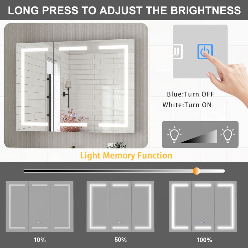 FUFU&GAGA LED Bathroom Mirror Cabinet with Independent Defogging and Adjustable Shelves (47.2" W x 35.4" H x 15.7" D), White