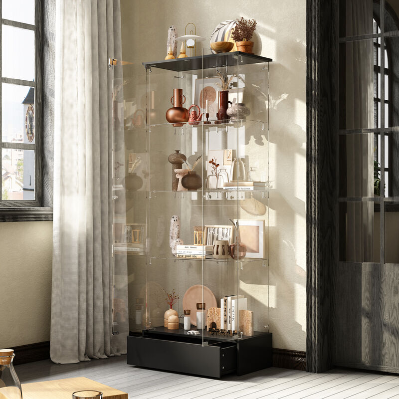 FUFU&GAGA Glass Display Cabinet with 4 Adjustable Shelves, Metal Base Drawer, (27.6" W x 13.8" D x 70.9" H), Black