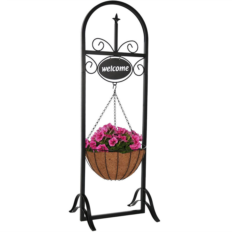 Sunnydaze Black Iron Frame Hanging Basket Planter with Welcome Sign - 48 in