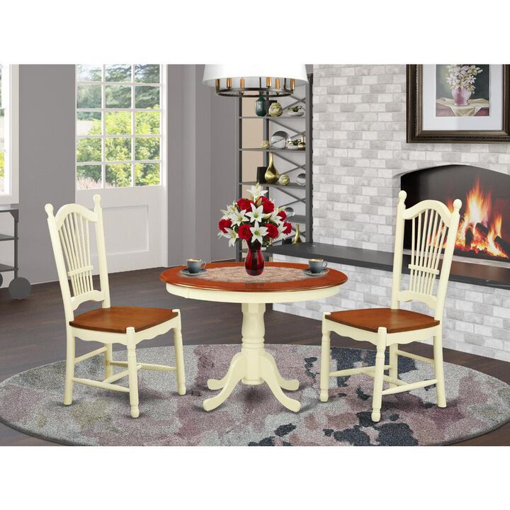3 Pc set with a Round Small Table and 2 Leather Kitchen Chairs in Buttermilk and Cherry .