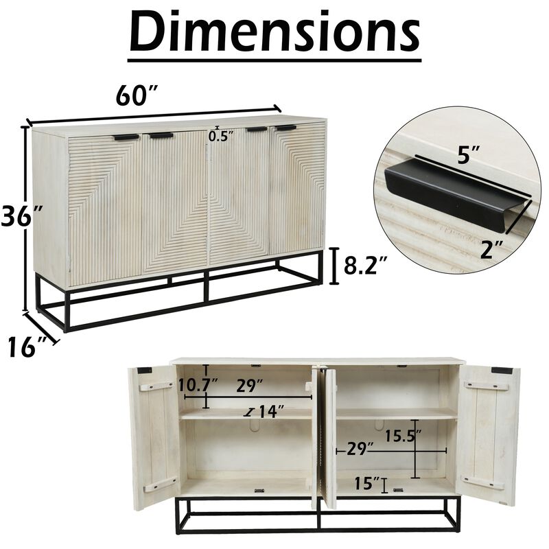Seya 4 Door Sideboard Console, Fluted Front, Antique White Mango Wood, Black Iron Base, 60 Inch image number 3