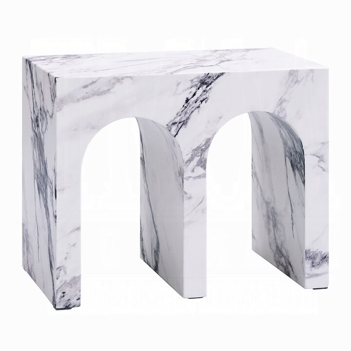 Ritzy Side End Table, White Faux Stone, Modern Arch Design 22 Inch