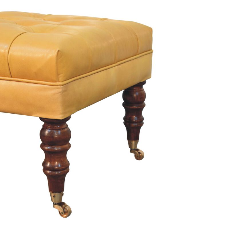Artisan Furniture Solid Wood Honey Caramel Buffalo Ash Black Leather Ottoman with Castor Legs