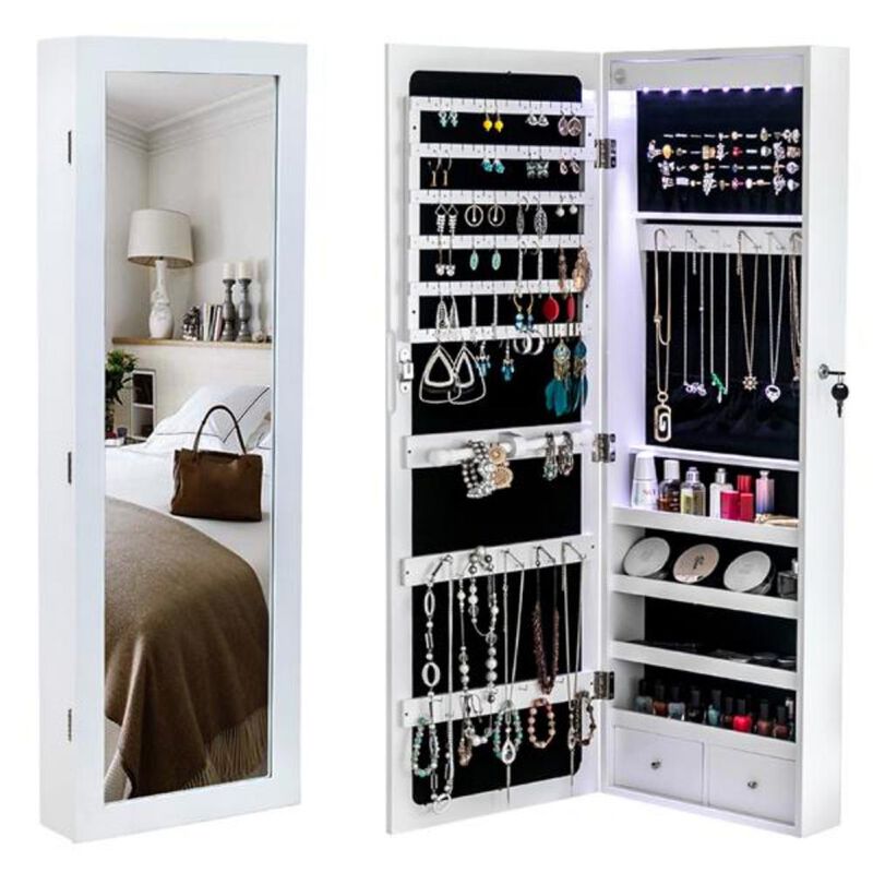 Wall-Mounted Jewelry Storage Mirror Cabinet with 4-Layer Shelf, 2 Drawers & 8 Blue LED Lights