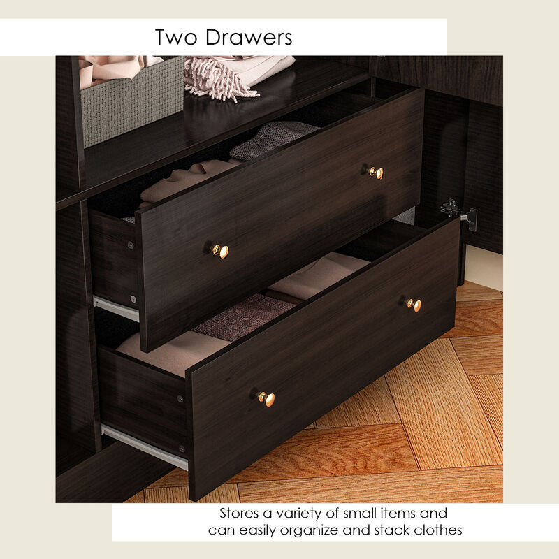 Brown Wood Grain 63 in. W 4-Door Big Armoires With Mirror, 2 Hanging Rods, 2 Drawers, Storage Shelves (70.9 in. H)