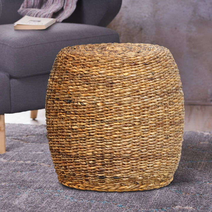 Transitional Style Wood and Woven Rattan Round End Table, Brown-Benzara