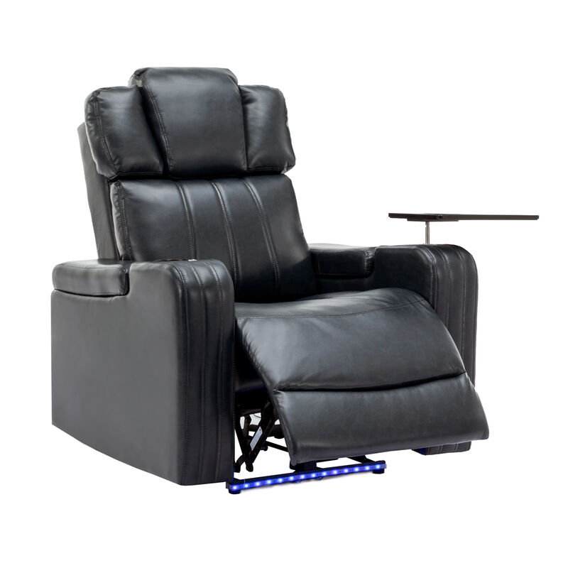 Whisen PU Leather Power Recliner with Cup Holder, Bluetooth Speaker, LED Lights, USB Ports, Tray Table and Arm Storage