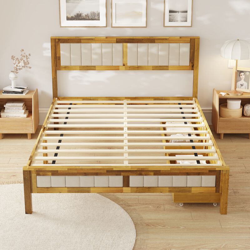 FUFU&GAGA Solid Wood Upholstered Bed with Storage Drawers, Acacia Wood Frame & Gray Linen Headboard, One-Side Drawer Design, (84 in. W x 63.5 in. D x 41.7 in. H), Wood Tone & Natural Finish
