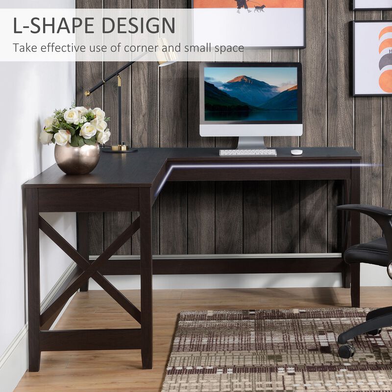 57" L-Shaped Corner Desk, Computer Home Office Desk and Writing Table, Brown