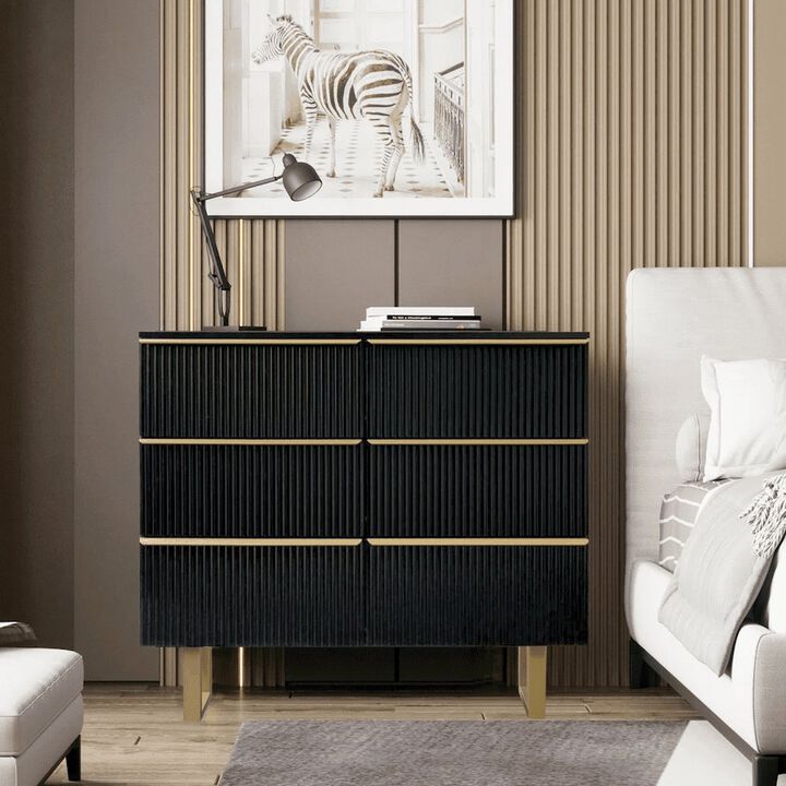 6-drawer Dresser In Mdf Wood With Gold Metal Legs And Handles in Black Color