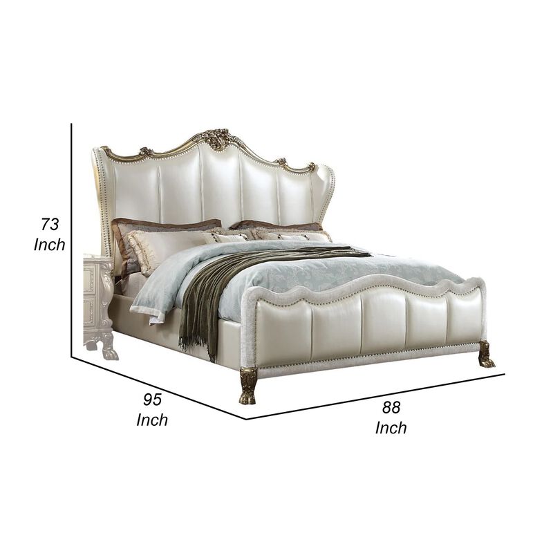 Ally California King Bed, White Faux Leather Victorian Carved, Silver - Benzara