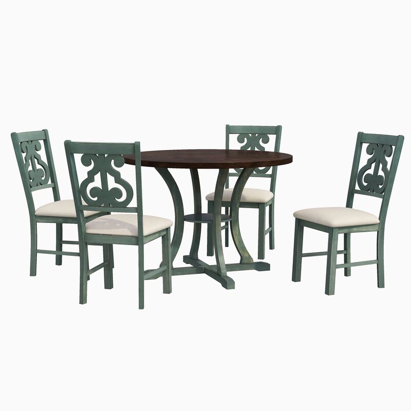 Whisen 5-Piece Retro Round Dining Table Set with 4 Chair and Special-shaped Legs - Antique Blue/ Dark Brown