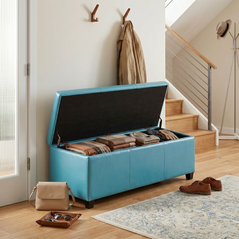 Avalon 48 inch Wide Contemporary Rectangle Storage Ottoman Bench in Soft Blue Vegan Faux Leather, Assembled image number 2