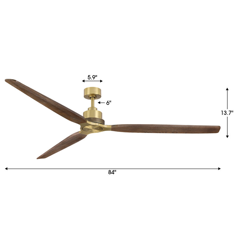 84" Mid Century Modern Natural Brass Solid Wood 6 Speed Extra Large Ceiling Fan No Light with Remote Control image number 5