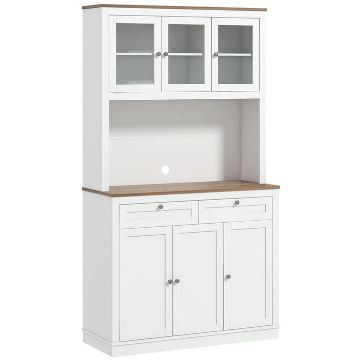 71" Kitchen Pantry Cabinet with Microwave Stand, 2 Drawers, 4 Cabinets, Adjustable Shelves and Glass Doors, White