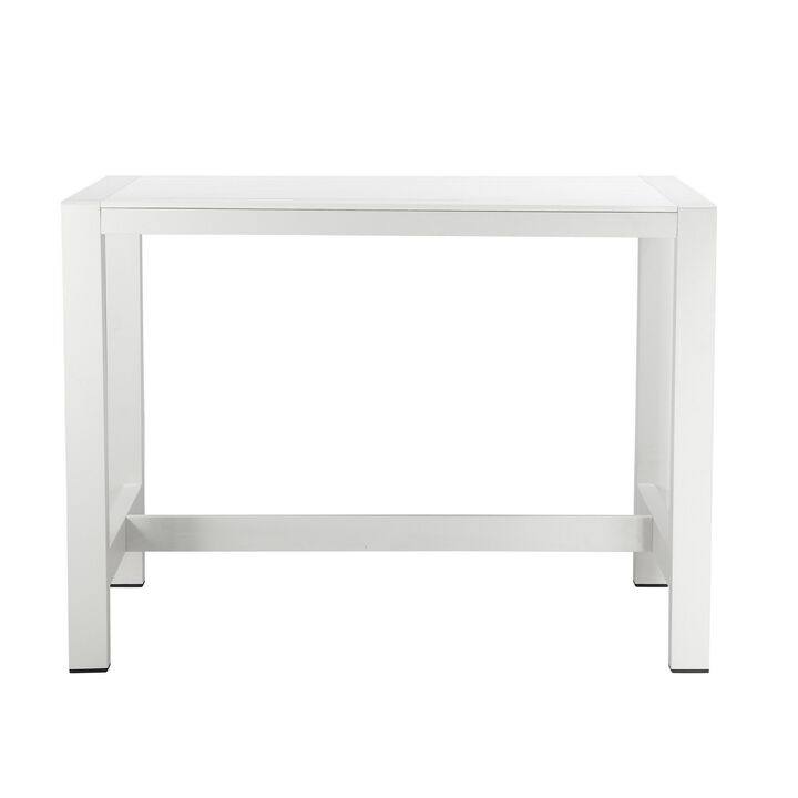 Kylo 59 Inch Outdoor Bar Height Table, White Aluminum Frame, Plank Surface-Benzara