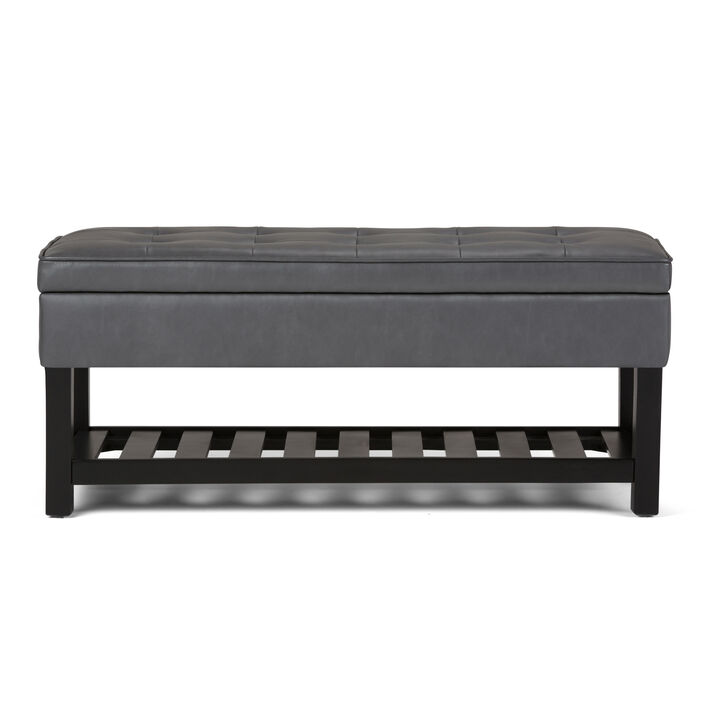 Cosmopolitan 44 inch Wide Transitional Rectangle Storage Ottoman Bench with Open Bottom in Stone Grey Faux Leather
