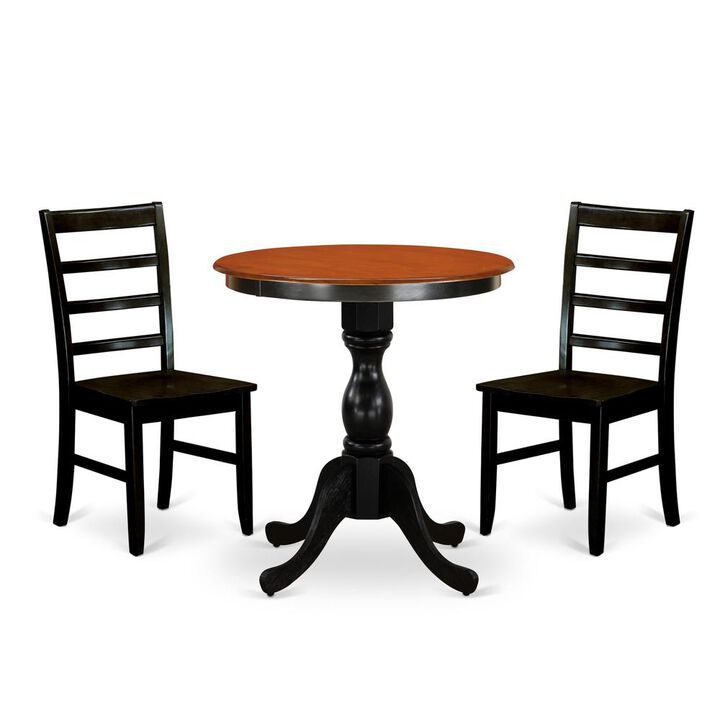 East West Furniture 3-Piece Mid Century Dining Set Contains a Dinner Table and 2 Mid Century Chairs with Ladder Back - Black Finish