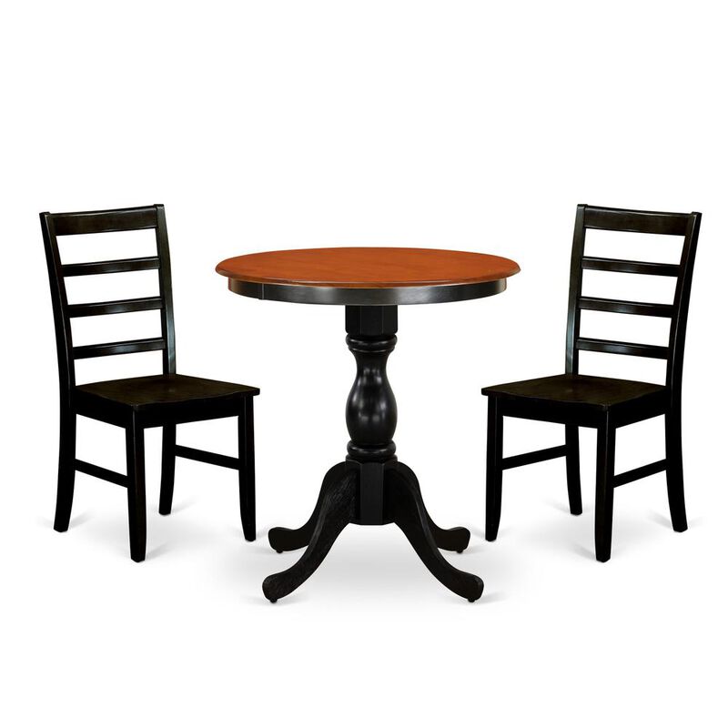 East West Furniture 3-Piece Mid Century Dining Set Contains a Dinner Table and 2 Mid Century Chairs with Ladder Back - Black Finish