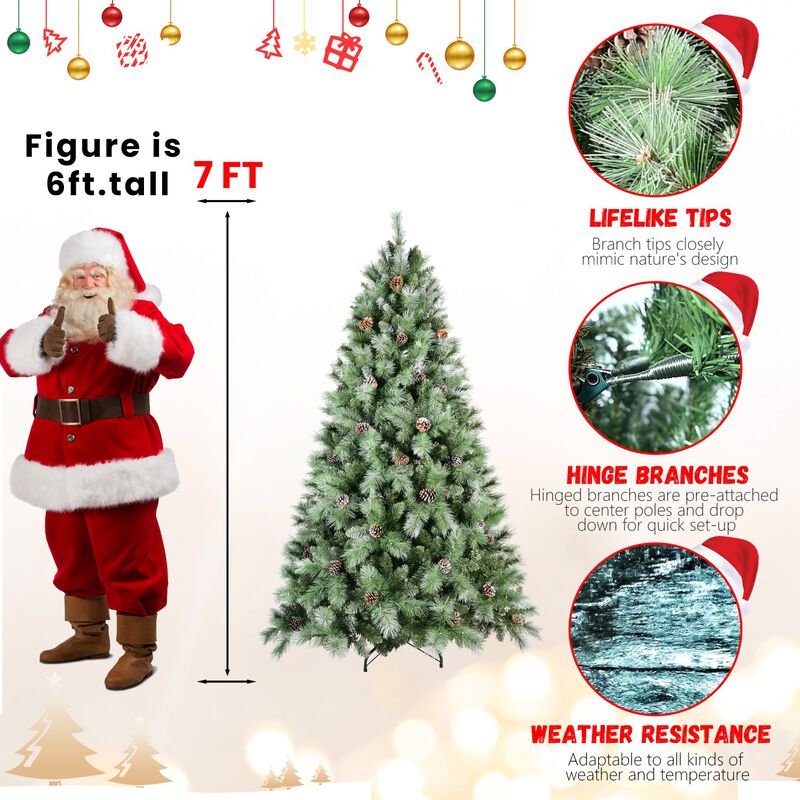 7 ft. Christmas Tree with 82 Pine Cones 1348 PVC Hard Needle Tips Hinged with Metal Stand Full Holiday Decoration