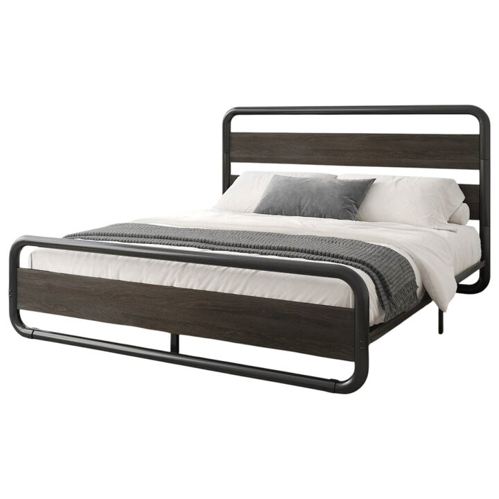 Industrial Metal Bed Frame with Round Platform and Wood Headboard