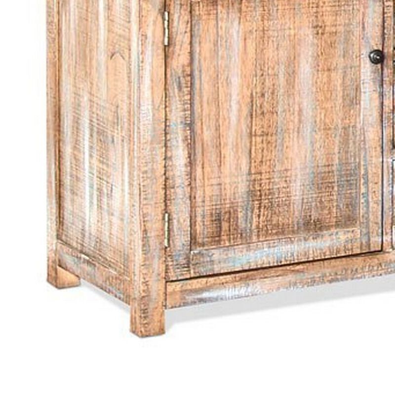 Rany TV Console, 60Wx36H Light Brown Mahogany, 5 Shelves, 3 Drawers - Benzara