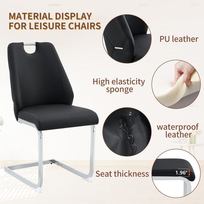 Set of 4 PU leather dining chairs rectangular high back solid back dining chair with pull ring modern kitchen dining chairs wipe clean image number 4