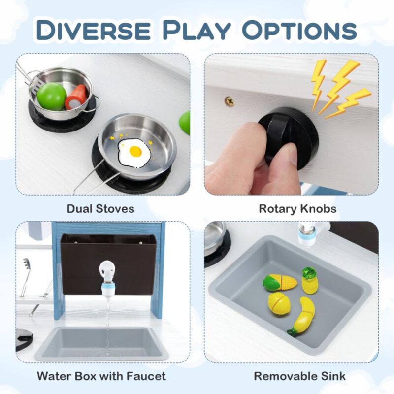 Hivvago Double-sided Wooden Play Kitchen and Grocery Stand with Stoves for Kids 3+ Years Old